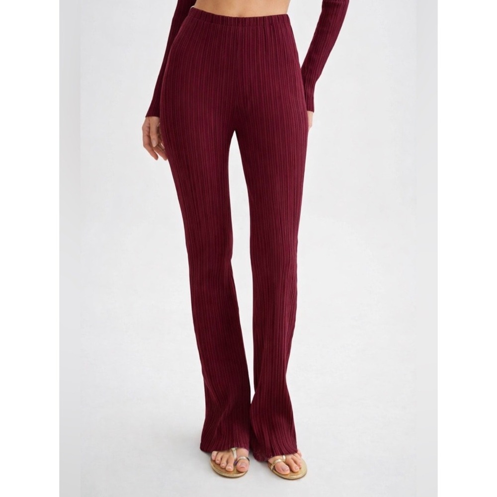 MESHKI Ribbed Knit Flare Pants Burgundy High Rise Pull On Size XXXL